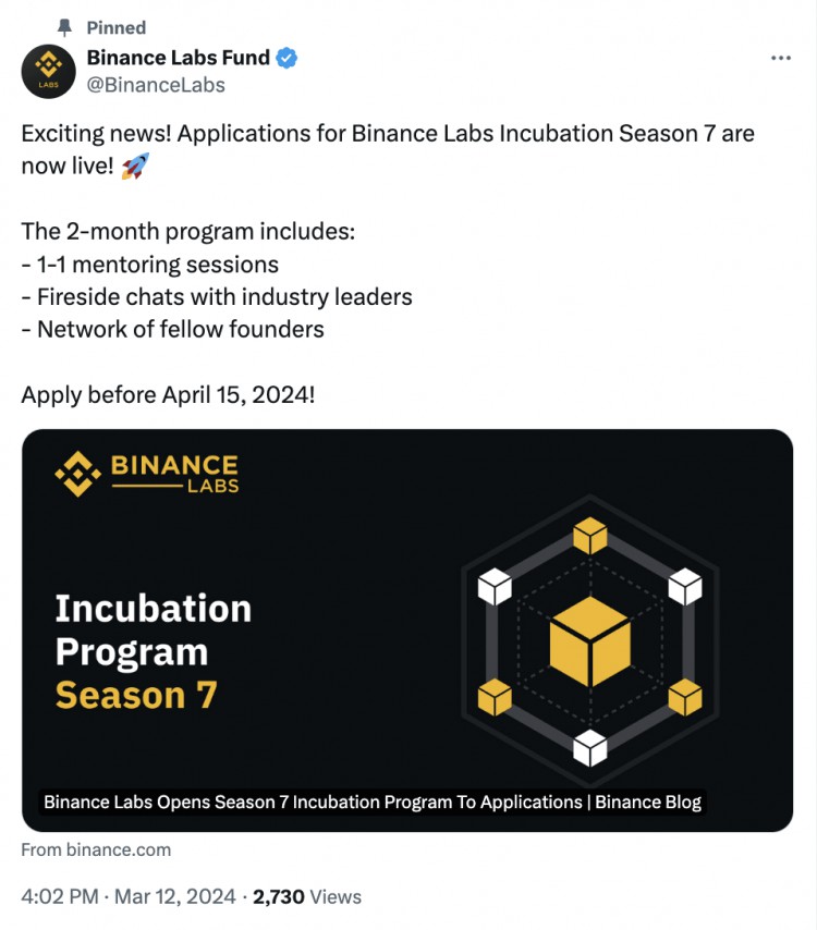 Binance Labs开放第七季孵化计划申请